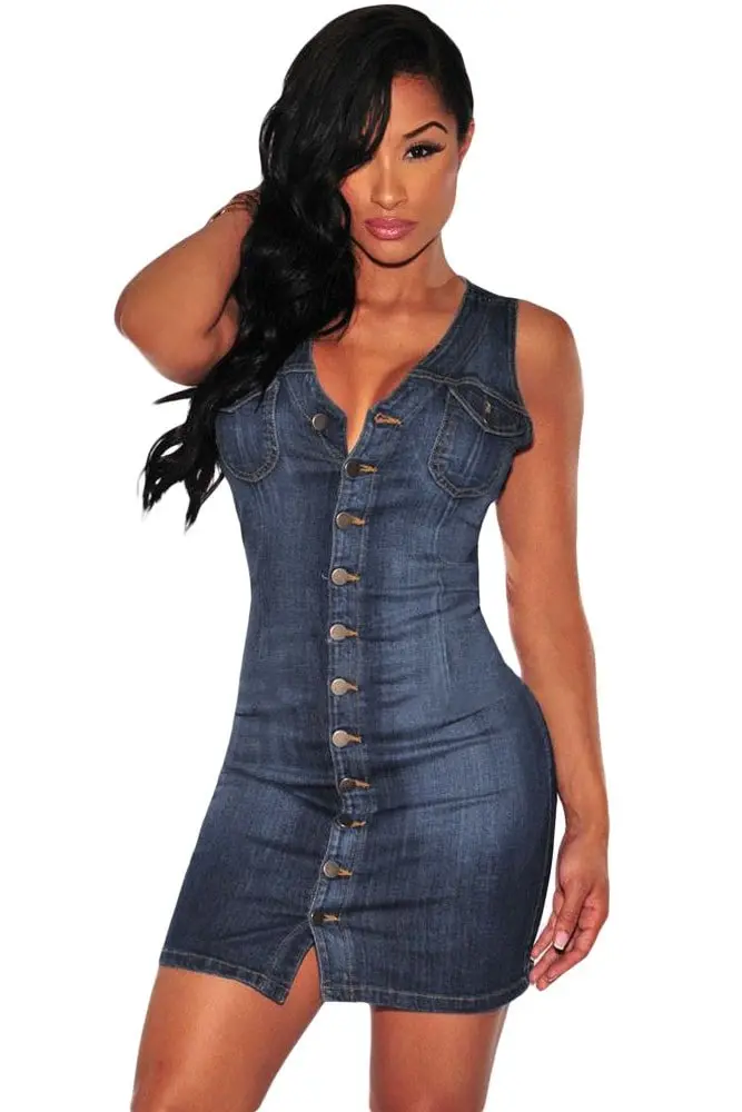 Women Short Blue Sleeveless Denim Button Up Dress Online