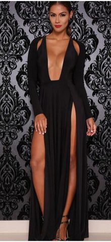 Cheap Black Long Sleeve Maxi Formal Evening Gowns