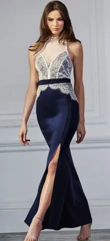 Women Party White Lace Top Slit Blue Petite Maxi Dresses