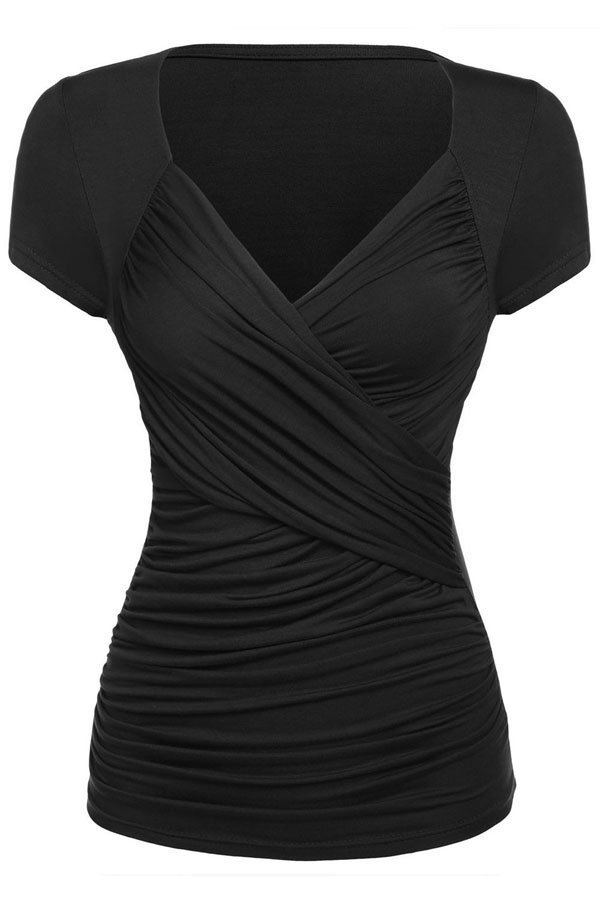 Black Ruched Short Sleeve Summer Women Dressy Tops - Online Store for ...