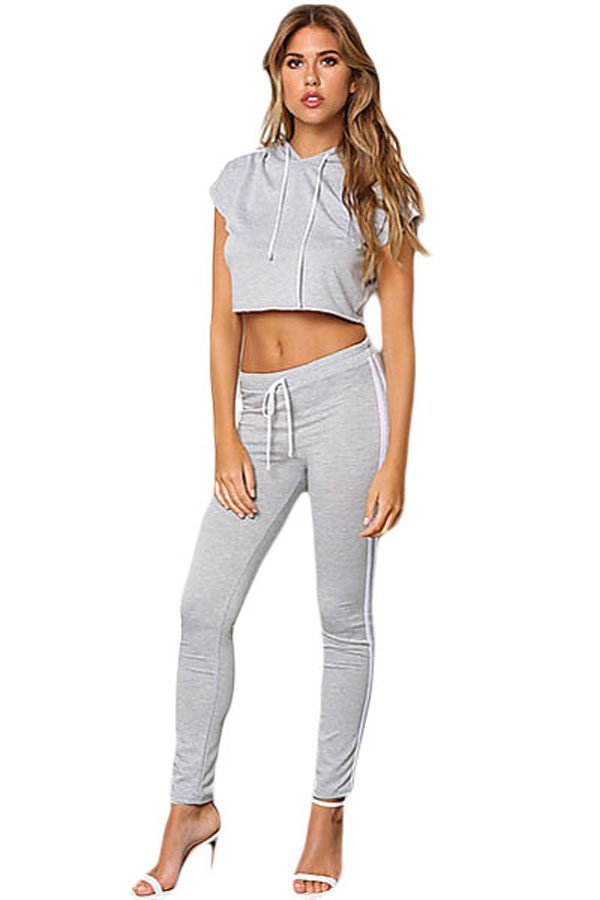 Grey Hooded Crop Top Joggers For Women