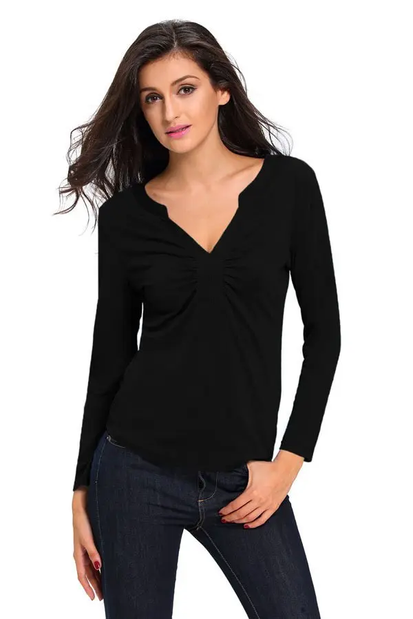 Black V Neck Ladies Long Sleeve T Shirts Online Store For Women Sexy