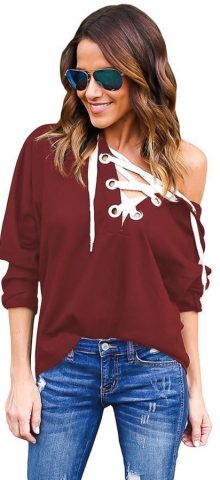 Burgundy Loose Lace Up Womens Hooded Jumpers