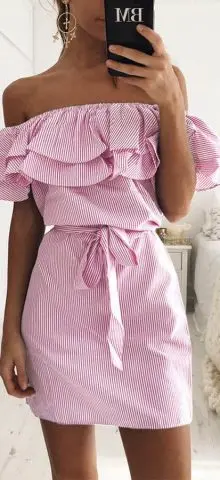 Hualong Off The Shoulder Striped Short Party Dresses