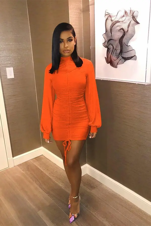 Hualong Club Sexy Fitted Long Sleeve Orange Cocktail Dress Online