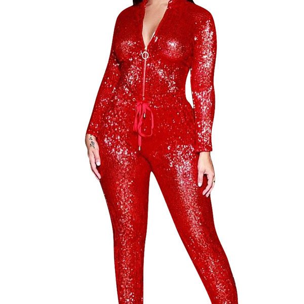 Hualong Sexy Night Club Long Sleeve Red Sequin Jumpsuit - Online Store ...