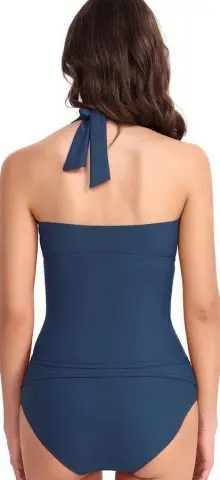 Hualong Dark Blue Halter Top Two Pieces Full Coverage Bathing Suits