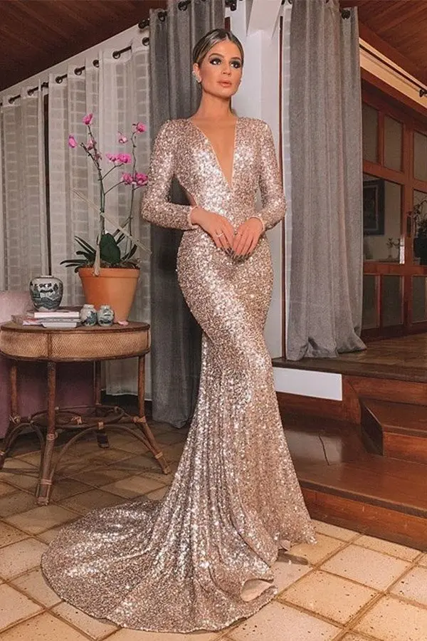 Hualong Elegant V Neck Long Sleeve Sequin Mermaid Dress Prom - Online