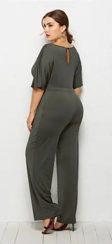 Hualong Elegant Wide Leg Green Plus Size Jumpsuits With Sleeves
