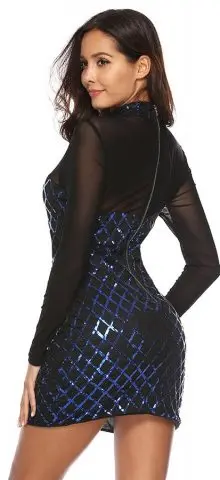Hualong Sexy High Neck Long Sleeve Blue Glitter Mesh Dress