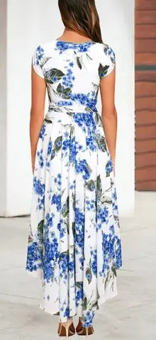 Hualong Cute Blue Short Sleeve V Neck Floral Dress
