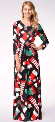 Hualong Cute Long Sleeve Printed Christmas Maxi Dress