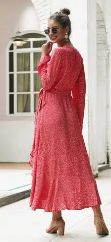 Hualong Cute Printed V Neck Long Sleeve Maxi Dress