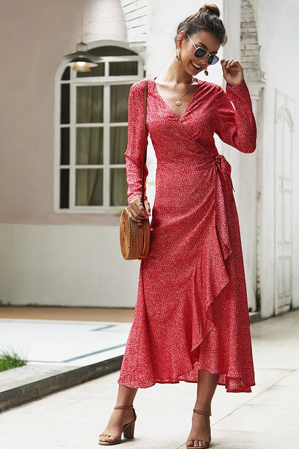 Long Sleeve Maxi Dress with v neck and printed design