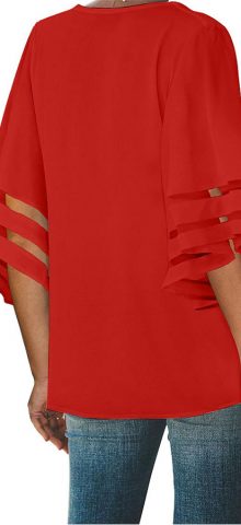 Hualong Sexy V Neck Flare Sleeve Red Button Up Blouse