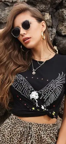 Hualong Cute Short Sleeve Women Black American Eagle T Shirts 1