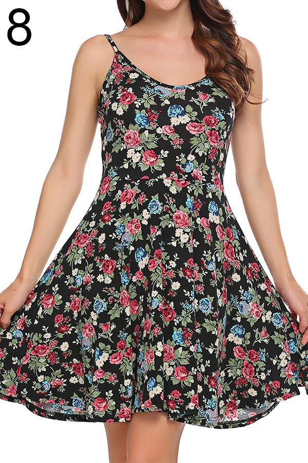 Hualong Sexy Beach Floral Flared Strappy Summer Dresses