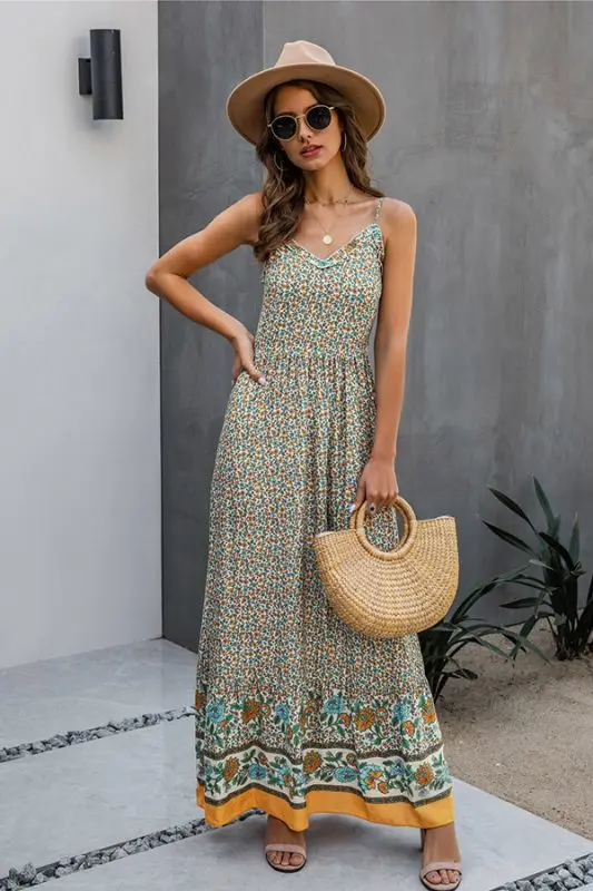 Spaghetti Strap Maxi Dress with v neck and printed design