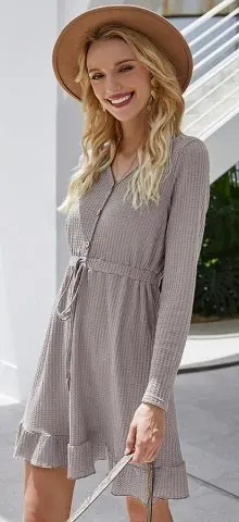 Hualong Cute Button Front Wrap Gray Long Sleeve Dress