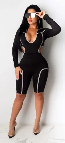 Hualong Sexy Bodycon U Neck Black Long Sleeve Romper