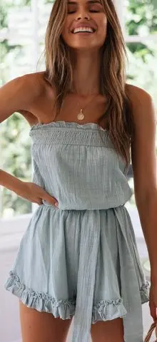 Hualong Sexy Wrap Ruffle Hem Gray Blue Strapless Romper