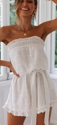 Hualong Sexy Wrap Ruffle Hem White Strapless Romper