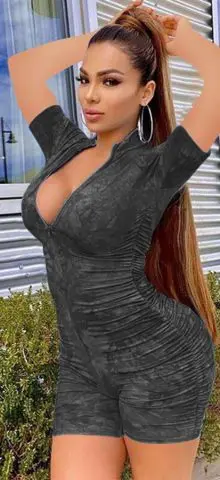 Hualong Sexy Zipper Front Black Bodycon Short Sleeve Romper