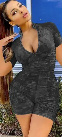 Hualong Sexy Zipper Front Black Bodycon Short Sleeve Romper