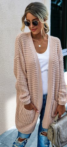 Hualong Cute Women Side Pocket Pink Knit Chunky Cardigan