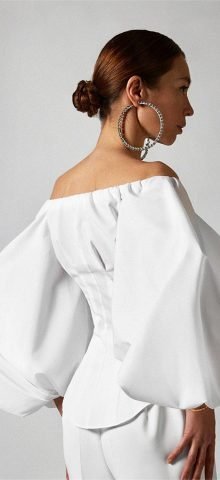 Hualong Sexy Button Front Off The Shoulder White Bell Sleeve Top